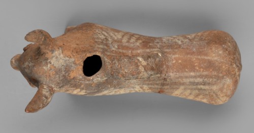 Bull-shaped vessel, Vessel in the shape of a bull standing on widely spaced legs. The cylindrical