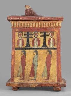 Canopic box with the falcon Sokaris on the roof;, falcons, djed pillars, tit iconography; naos;