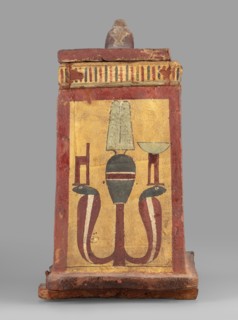Canopic box with the falcon Sokaris on the roof; unknown creator; falcons, djed pillars, tit
