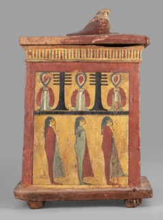 Canopic box with the falcon Sokaris on the roof; falcons; djed pillars iconographic; tit