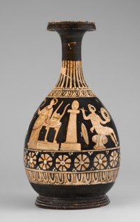 Red-figure bottle with a scene of the punishment of Marsyas, red-figure Greek pottery, 330–310 BC.