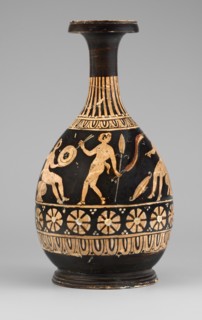 Red-figure bottle with a scene of the punishment of Marsyas;, Between ornamental bands on the lower