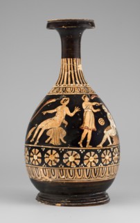 Red-figure bottle with a scene of the punishment of Marsyas, 330–310 BC. Greek pottery bottle