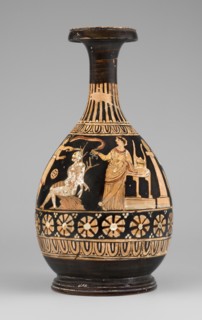 Red-figure bottle with a scene of the punishment of Marsyas, Between the ornamental bands covering