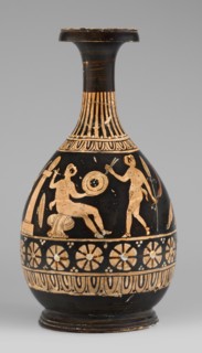 Red-figure bottle with a scene of the punishment of Marsyas, red-figure Greek pottery, 330–310 BC.