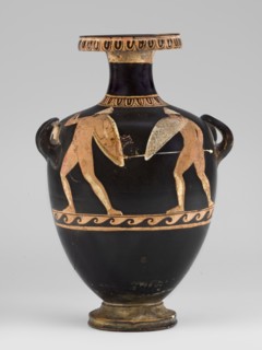 Red-figure hydria with a combat scene, Laghetto-Caivano Group c. 340–320 BC, Duel Painter 340–330