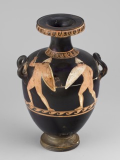 Red-figure hydria with a combat scene, Laghetto-Caivano Group c. 340–320 BC; Duel Painter 340–330