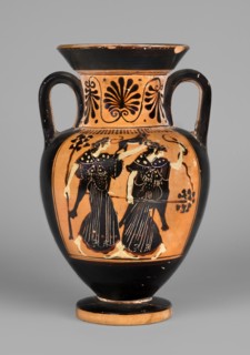 Black-figure neck amphora with a depiction of dancing maenads, The Diosphos Painter ca. 500–475 BC.