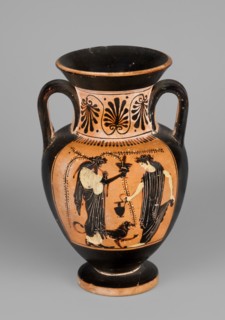 Black-figure neck amphora with a depiction of dancing maenads, The Diosphos Painter 500–475 BC.
