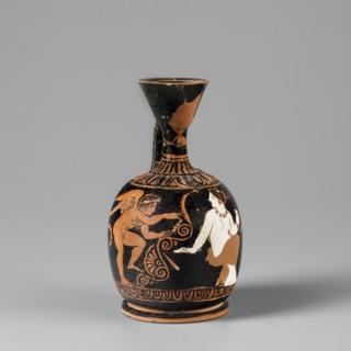 Aryballus lekythos. An aryballus lekythos on a ring-shaped, profiled foot, with a bulging,
