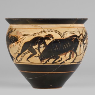 Black-figure skyphos with depictions of Athena and Heracles fighting the Cretan Bull, Heracles