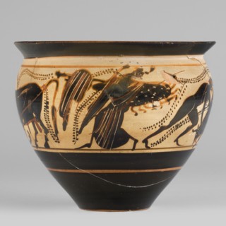 Black-figure skyphos with depictions of Athena and Heracles fighting the Cretan Bull, early 5th