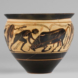 Black-figure skyphos with depictions of Athena and Heracles fighting the Cretan Bull, Heracles
