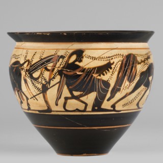 Black-figure skyphos with depictions of Athena and Heracles fighting the Cretan Bull, Early 5th