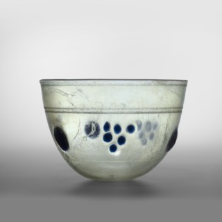 Bowl or lamp, hemispherical glass vessel, light green transparent glass, free-blown, decorated with