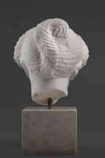 Portrait of a Roman woman, Head with a broad face and an elaborate hairstyle: hair twisted into