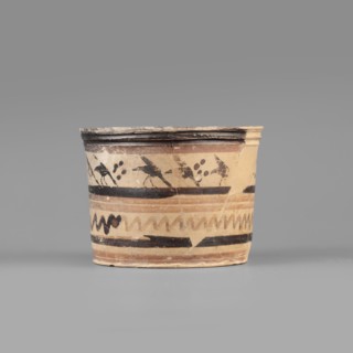Pyxis with a duck motif. Greek, Boeotian, early 7th century BC. Clay yellowish/light gray to very