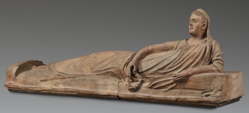 Sarcophagus lid, The deceased in a semi-reclining position, resting his left forearm on a pillow