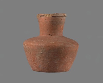 Jug, Small jug without a handle with a biconical body, widest at about half its height. Broad,
