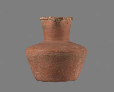 Jug, A small clay jug without a handle with a biconical body, widest at about half its height.
