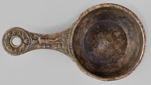A ladle with a handle decorated with a depiction of Mercury, Mercury myth., Roman deities, ladles,