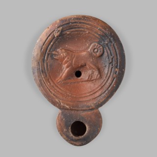 Lamp decorated with a depiction of a dog, unknown eastern workshop, single-burner oil lamp, dogs