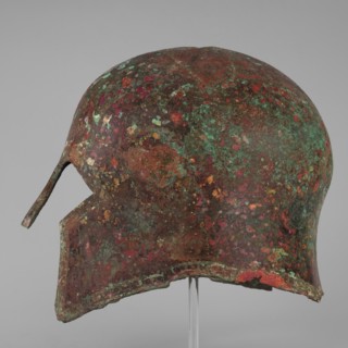 Corinthian-type helmet., Circa 600 BC formerly dated 630–600 BC. Possibly from Sparta or Mycenae