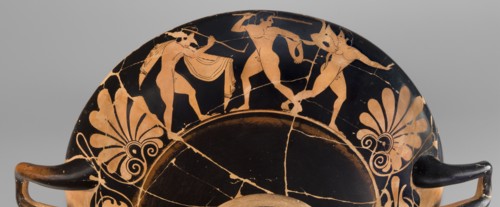 Kylix depicting youths at play, Thalia Painter 520–510 BC. A: three naked youths; B: two youths