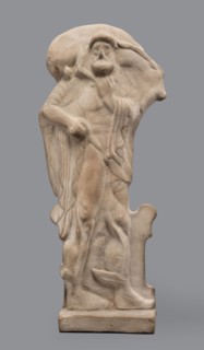 Figurine of Hermes Cryophorus, Statuette of Hermes Cryophorus striding to the right, carrying a