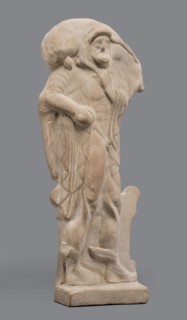 Figurine of Hermes Cryophorus, Statuette of Hermes Cryophorus striding to the right, carrying a