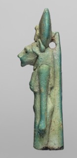 Figurine amulet of the goddess Sachmet lion-headed, possibly Bastet?, wearing a tripartite wig and