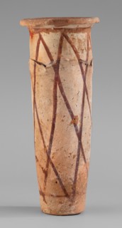Cylindrical vessel with crosshatched decoration, painted vessels, Egyptian ceramics, engraved