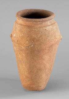 Vessel with wavy handles., Vessel with an elongated belly that widens towards the top. Short,