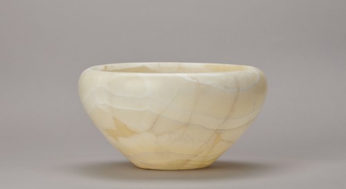 Bowl, large stone bowl with a small flat bottom, slightly flared side walls at the top bent inwards