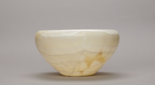 Bowl, large stone bowl with a small flat bottom, slightly flared side walls bent inward at the top