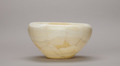 Bowl, large stone bowl with a small flat bottom, slightly flared side walls at the top bent inwards