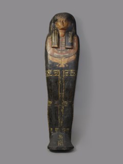 Lid of an anthropoid sarcophagus of a woman, sacrificial formulas, vulture iconographic, necklace