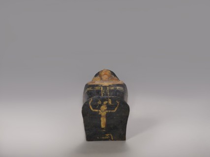 Lid of an anthropoid sarcophagus of a woman with clearly modeled legs. The head is sculpturally