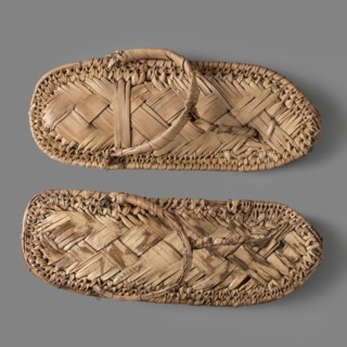 Sandals, pair of papyrus sandals made using the ribbon technique; edges finished with a