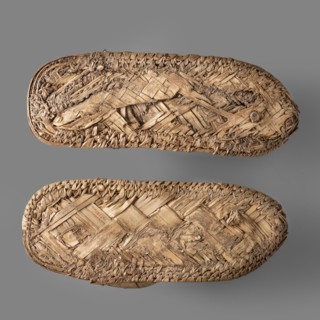 Sandals, pair of papyrus sandals made using the ribbon technique; edges finished with a