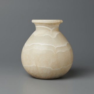 Vessel, Globular vessel with a short, wide neck and a large, upturned spout, with a flattened