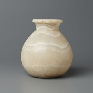 Vessel, Globular vessel with a short, wide neck and a large, upturned spout, with a flattened