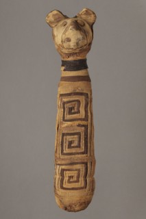 Cat mummy, Cat mummy decorated with a meander made of white and brown bandages. 30 BC–395 AD, Roman