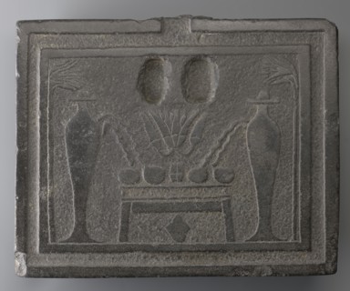 Offering table with carved offerings;, Offering table with offerings depicted: bread and two