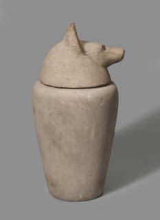 Canopic jar with a jackal's head, canopic jar, jackals, Duamutef mythology. The vessel widens