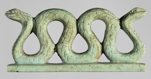 Amulet – two-headed snake;, Two-headed snake with vertical coils on a base, with delicately carved