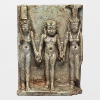 Amulet - plaque with deities: Isis, Nephthys and Horus. Amulet in the shape of a plaque with a