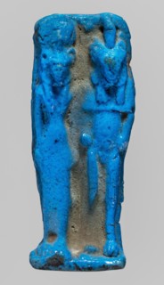 Amulet plaque with a relief representation of two deities: a lion-headed goddess in a long robe,