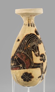 Orientalizing alabastron with depictions of horses, circa 620–590 BC, Corinth. Small aryballos