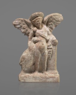 Terracotta figurine of Eros with a goose, terracotta, Eros mythology, Greek mythology, figurines